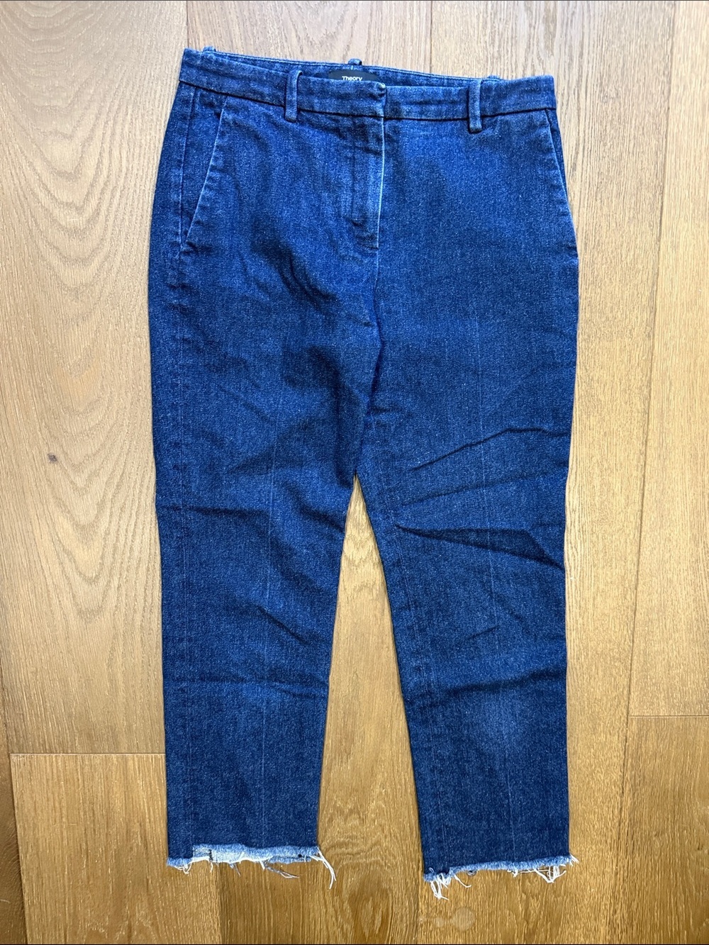 Theory Slim Cropped Trouser Jeans Dark Wash Raw Hem Size 0